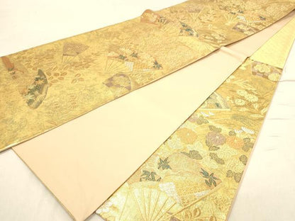平和屋着物◎六通柄袋帯 扇面花文 金銀糸 正絹 逸品 DABB9391ya