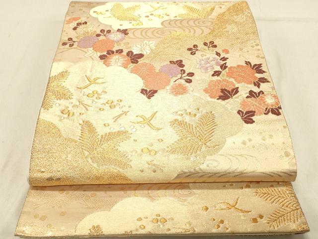 平和屋着物◎六通柄袋帯 霞文 光悦錦 流水松葉花文 金糸 正絹 逸品 DABB9400ya