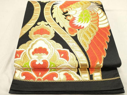 平和屋着物◎六通柄袋帯 唐織 鳳凰花文 黒地 金銀糸 正絹 逸品 DABB9441ya