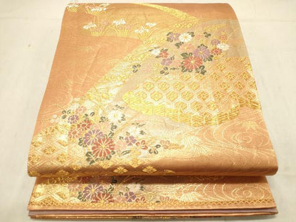 平和屋着物◎六通柄袋帯 雲取り吉祥花文 金糸 正絹 逸品 DABB9452ya