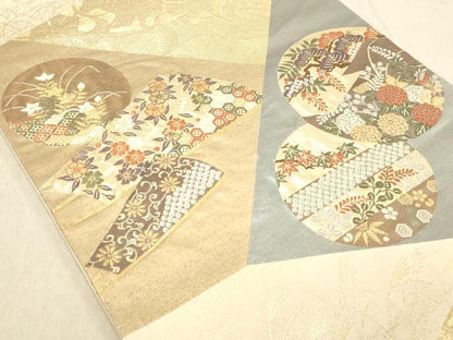 平和屋着物◎六通柄袋帯 唐織 扇面花丸文 本うるし箔 金糸 正絹 逸品 DABB9473ya