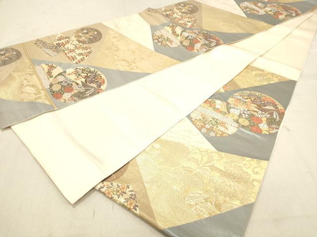 平和屋着物◎六通柄袋帯 唐織 扇面花丸文 本うるし箔 金糸 正絹 逸品 DABB9473ya