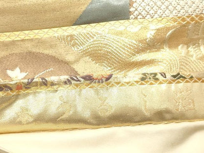 平和屋着物◎六通柄袋帯 唐織 扇面花丸文 本うるし箔 金糸 正絹 逸品 DABB9473ya