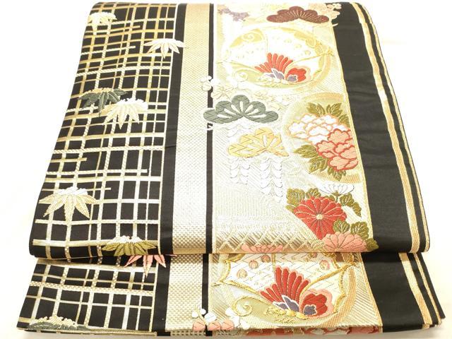 平和屋着物◎六通柄袋帯　花蝶文　松竹梅　黒地　金糸　正絹　逸品　DABB9509ya
