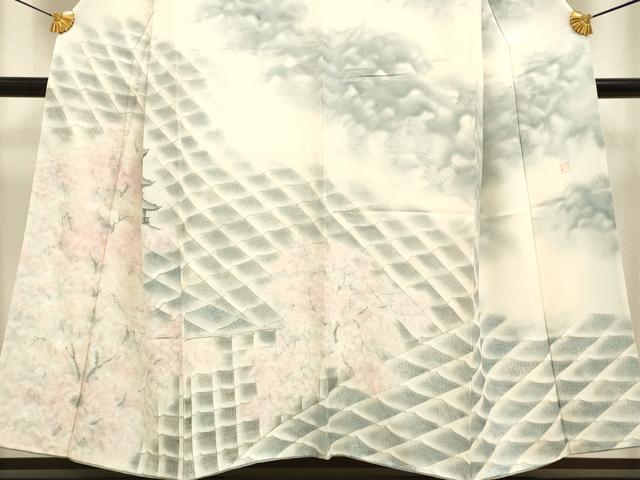平和屋着物▼日展作家 寺島節朗 訪問着 手描き 瓦風景文 正絹 逸品 DABB9547du