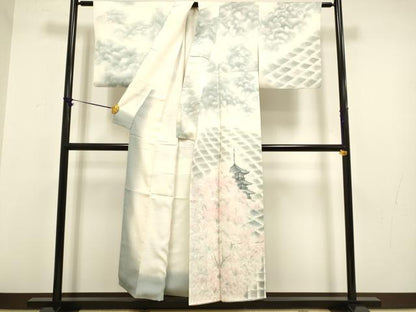平和屋着物▼日展作家 寺島節朗 訪問着 手描き 瓦風景文 正絹 逸品 DABB9547du