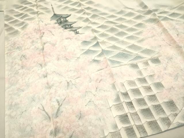 平和屋着物▼日展作家 寺島節朗 訪問着 手描き 瓦風景文 正絹 逸品 DABB9547du