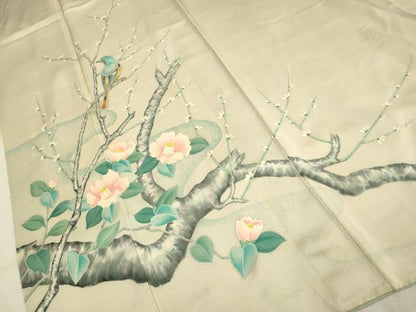 平和屋着物▼訪問着 手描き 枝花に休み鳥 正絹 逸品 DABB9598du