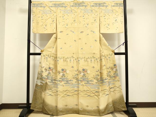 平和屋着物●訪問着　エ霞雪芝花蝶文　暈し染め　金彩　金通し地　正絹　逸品　DABB9665du