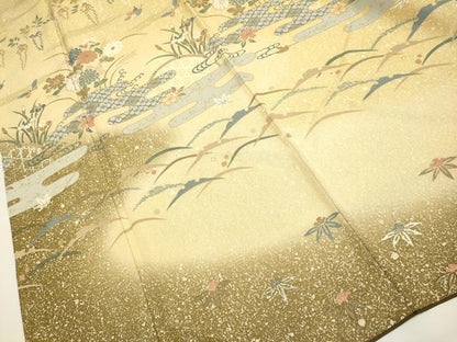 平和屋着物●訪問着　エ霞雪芝花蝶文　暈し染め　金彩　金通し地　正絹　逸品　DABB9665du