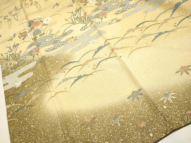 平和屋着物●訪問着　エ霞雪芝花蝶文　暈し染め　金彩　金通し地　正絹　逸品　DABB9665du