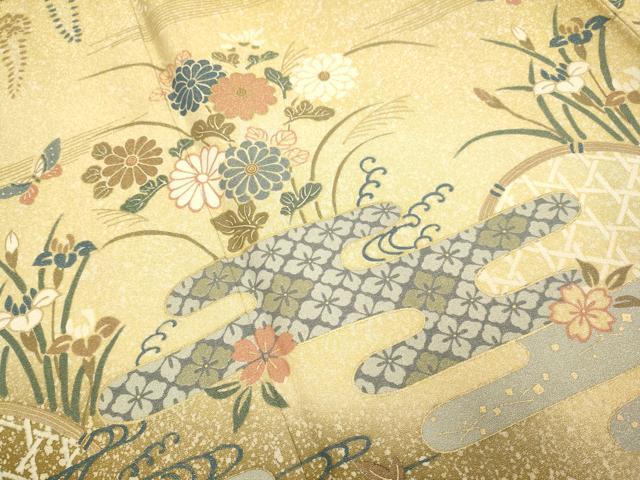平和屋着物●訪問着　エ霞雪芝花蝶文　暈し染め　金彩　金通し地　正絹　逸品　DABB9665du