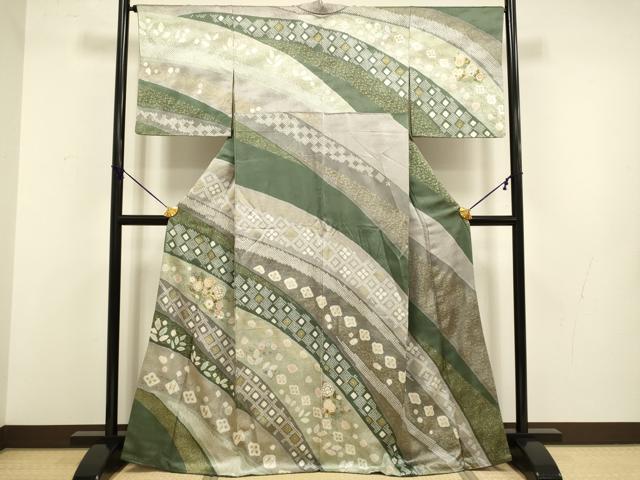 平和屋着物●訪問着　駒刺繍　絞り　更紗花文　金彩　正絹　逸品　DABB9670du