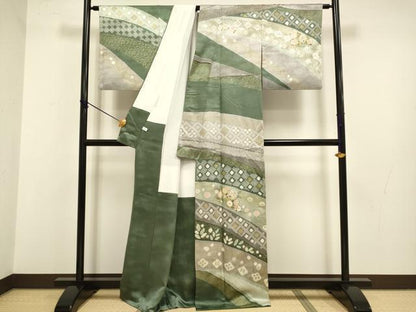 平和屋着物●訪問着　駒刺繍　絞り　更紗花文　金彩　正絹　逸品　DABB9670du