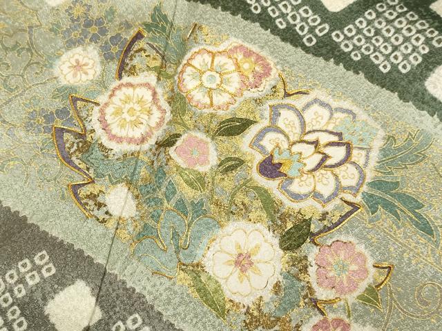 平和屋着物●訪問着　駒刺繍　絞り　更紗花文　金彩　正絹　逸品　DABB9670du
