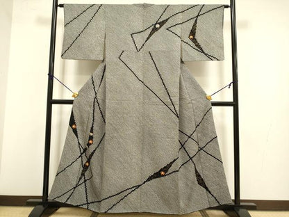 平和屋着物●訪問着 絞り 刺繍 洋花文 黒地 金彩 鈴乃屋扱い 正絹 逸品 DABB9693du