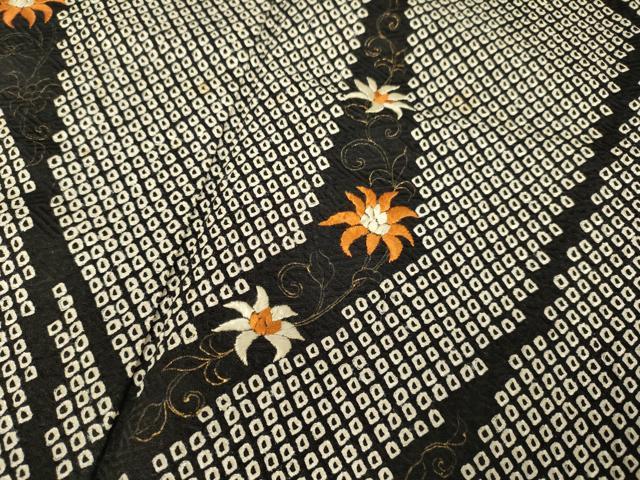 平和屋着物●訪問着 絞り 刺繍 洋花文 黒地 金彩 鈴乃屋扱い 正絹 逸品 DABB9693du