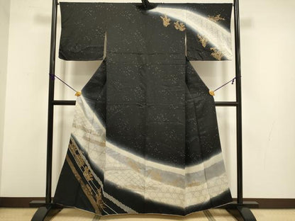 平和屋着物●訪問着 絞り 草花文 暈し染め 黒地 金彩 正絹 逸品 DABB9694du