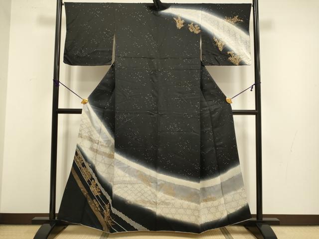 平和屋着物●訪問着 絞り 草花文 暈し染め 黒地 金彩 正絹 逸品 DABB9694du