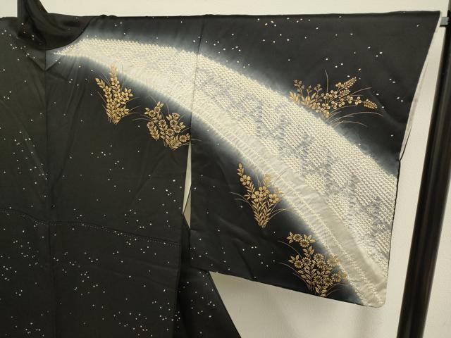 平和屋着物●訪問着 絞り 草花文 暈し染め 黒地 金彩 正絹 逸品 DABB9694du