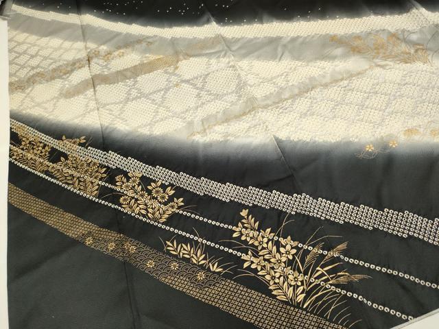 平和屋着物●訪問着 絞り 草花文 暈し染め 黒地 金彩 正絹 逸品 DABB9694du