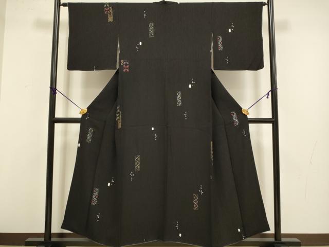 平和屋着物●上質な小紋　絞り　短冊吉祥文　黒地　金彩　正絹　逸品　DABB9698du
