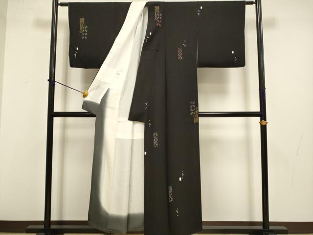 平和屋着物●上質な小紋　絞り　短冊吉祥文　黒地　金彩　正絹　逸品　DABB9698du