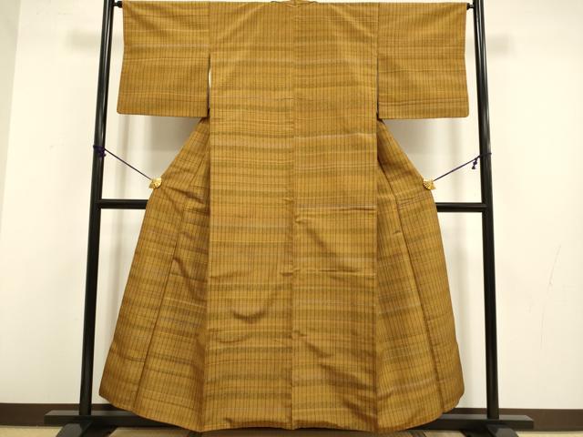 平和屋着物●黄八丈　紬　格子柄　正絹　逸品　DABB9700du