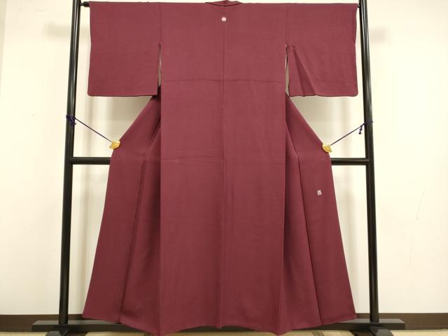 平和屋着物●京加賀友禅　百貫達雄監修　色無地　花松地紋　バーガンディー色　正絹　逸品　DABB9703du