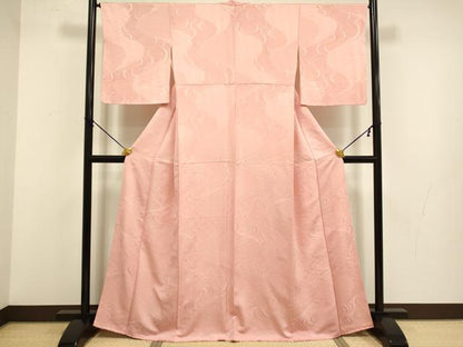 平和屋着物●上質な色無地　流水青海波地紋　洗朱色　正絹　逸品　DABB9705du