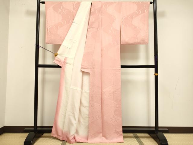 平和屋着物●上質な色無地　流水青海波地紋　洗朱色　正絹　逸品　DABB9705du