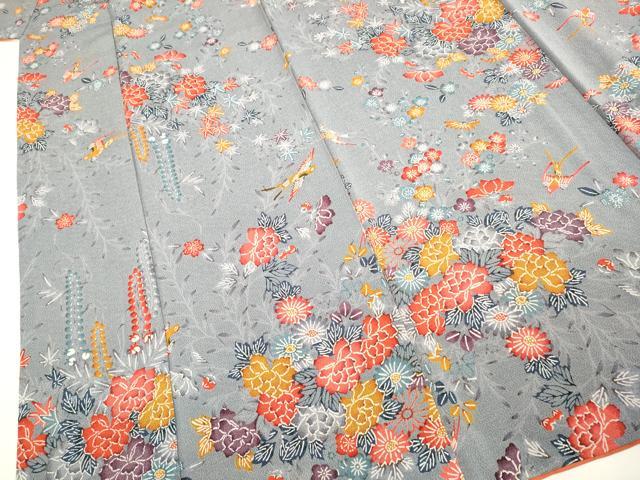 平和屋着物●上質な小紋 型染 花鳥文 鬼しぼ縮緬 正絹 逸品 DABB9712du