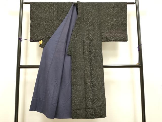 平和屋着物●印傳　男性　紬　アンサンブル　カタカナ　文字文　黒地　正絹　逸品　DABB9725du