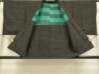 平和屋着物●印傳　男性　紬　アンサンブル　カタカナ　文字文　黒地　正絹　逸品　DABB9725du