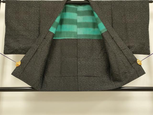 平和屋着物●印傳　男性　紬　アンサンブル　カタカナ　文字文　黒地　正絹　逸品　DABB9725du