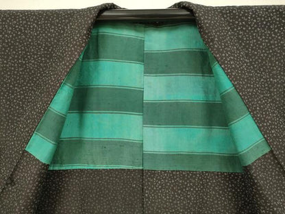 平和屋着物●印傳　男性　紬　アンサンブル　カタカナ　文字文　黒地　正絹　逸品　DABB9725du