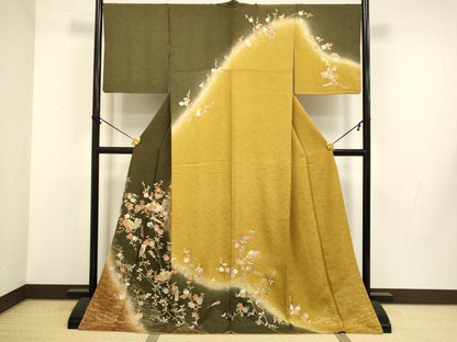 平和屋着物●訪問着　駒刺繍　扇飛鶴花文　暈し染め　金彩　ロング丈　正絹　逸品　DABB9752du
