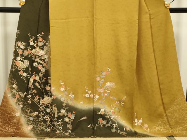 平和屋着物●訪問着　駒刺繍　扇飛鶴花文　暈し染め　金彩　ロング丈　正絹　逸品　DABB9752du