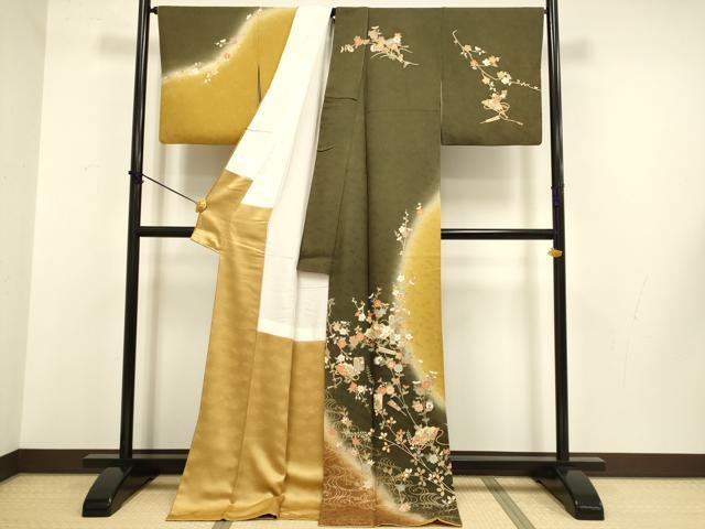 平和屋着物●訪問着　駒刺繍　扇飛鶴花文　暈し染め　金彩　ロング丈　正絹　逸品　DABB9752du