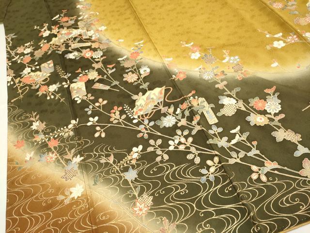 平和屋着物●訪問着　駒刺繍　扇飛鶴花文　暈し染め　金彩　ロング丈　正絹　逸品　DABB9752du