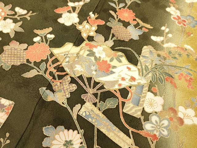 平和屋着物●訪問着　駒刺繍　扇飛鶴花文　暈し染め　金彩　ロング丈　正絹　逸品　DABB9752du