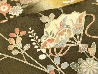 平和屋着物●訪問着　駒刺繍　扇飛鶴花文　暈し染め　金彩　ロング丈　正絹　逸品　DABB9752du