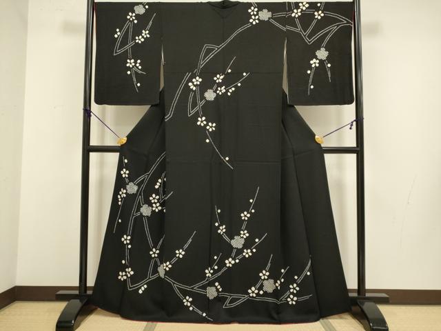平和屋着物●訪問着　絞り　枝花文　黒地　正絹　逸品　DABB9753du