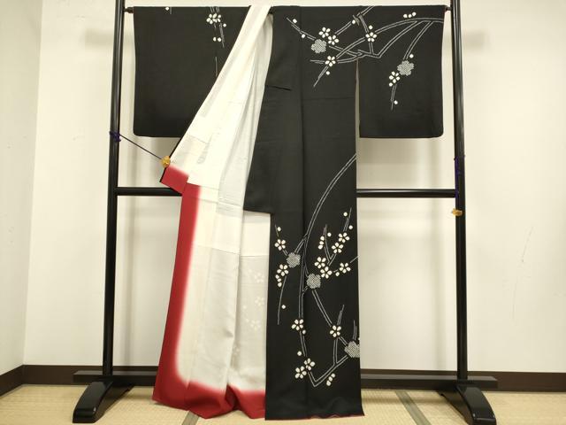 平和屋着物●訪問着　絞り　枝花文　黒地　正絹　逸品　DABB9753du