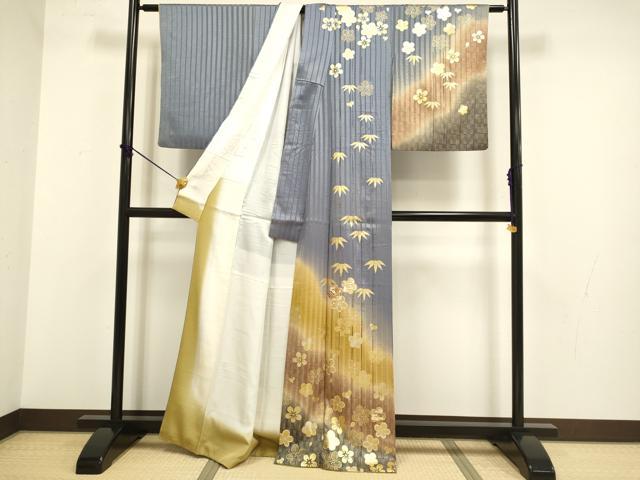 平和屋着物●訪問着　駒刺繍　笹梅文　暈し染め　金彩　正絹　逸品　DABB9767du