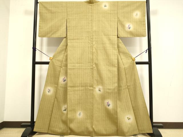 平和屋着物●訪問着　手描き　紬地　草花文　正絹　逸品　DABB9768du