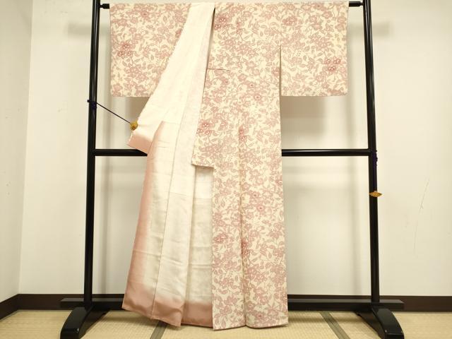 平和屋着物●上質な小紋　型染　枝花シルエット　正絹　逸品　DABB9776du