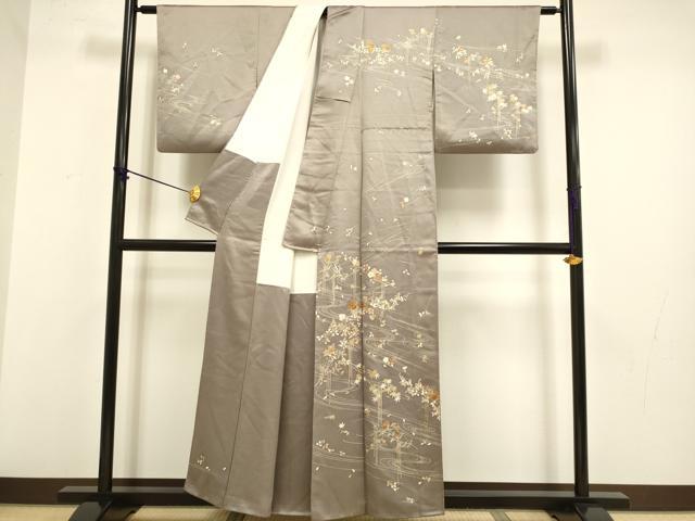 平和屋着物●訪問着　刺繍　流水花文　金彩　正絹　逸品　DABB9783du