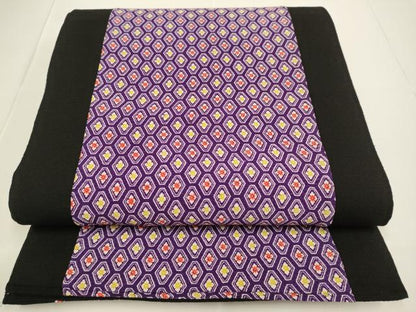 平和屋着物●創作 全通柄袋帯 亀甲花文 黒地 鬼しぼ縮緬 DABB9802du