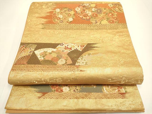 平和屋着物●西陣の名門 加納幸謹製 六通柄袋帯 吉祥扇花文 金糸 正絹 逸品 DABB9817du